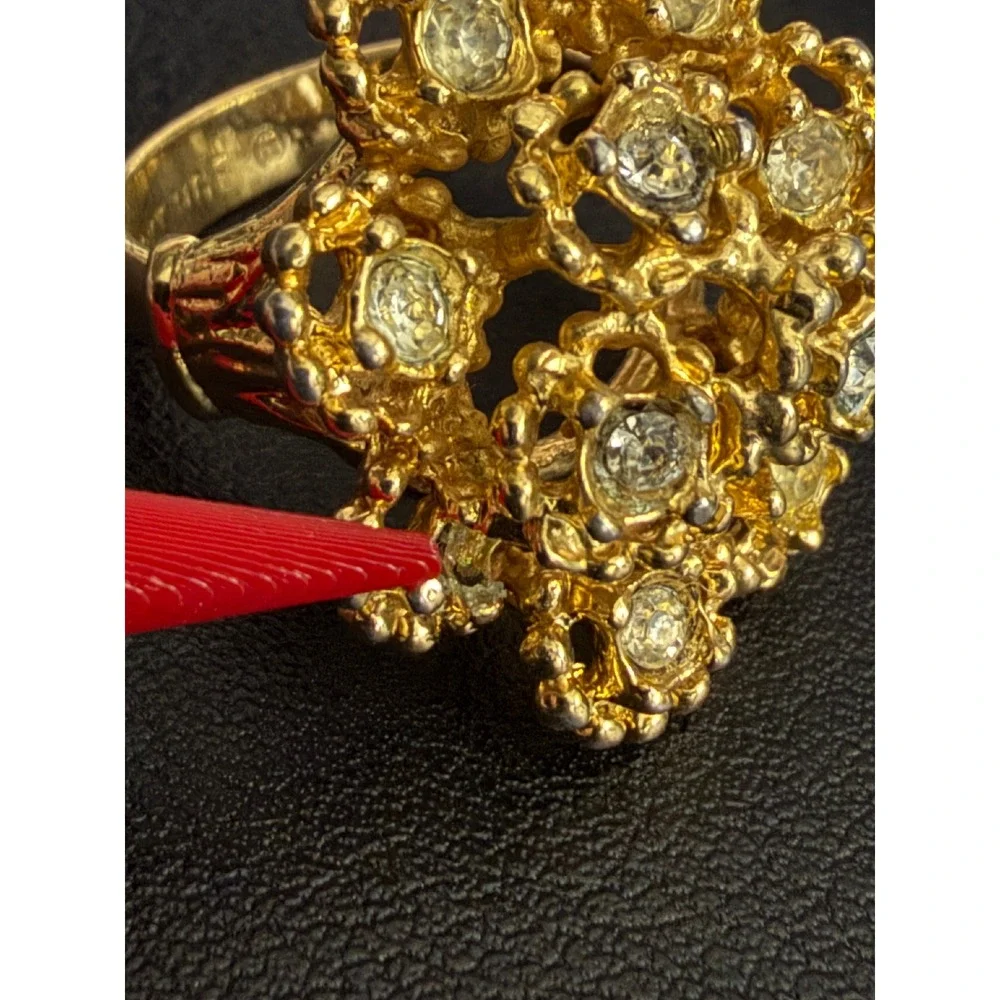 Vintage Ring Brutalist Cluster Rhinestone Gold Plated